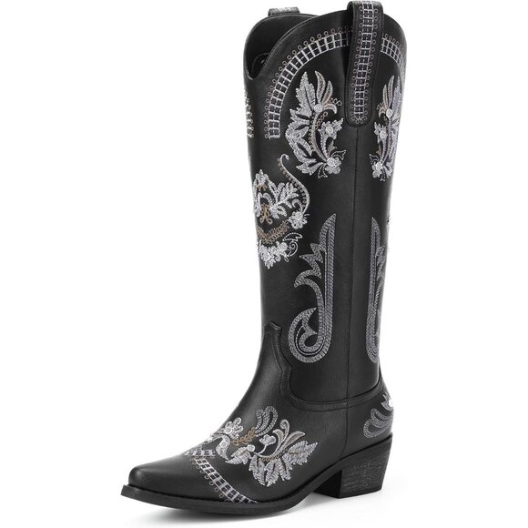 Women Faux Leather Black Glitter Sparkly Rhinestone Embroidery Retro Boots - Picture 1 of 6